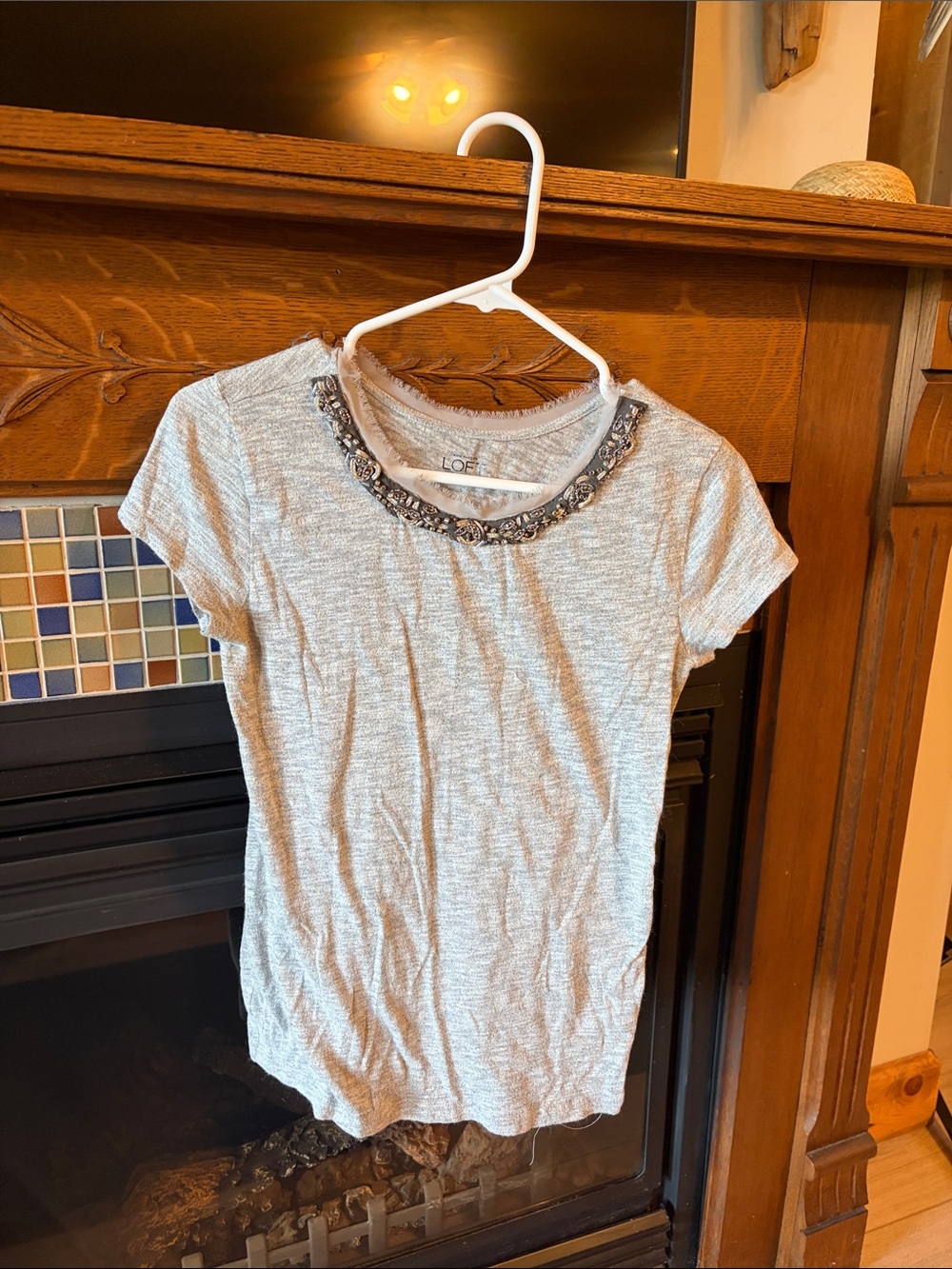 LOFT Light Gray Tee with Jeweled Collar